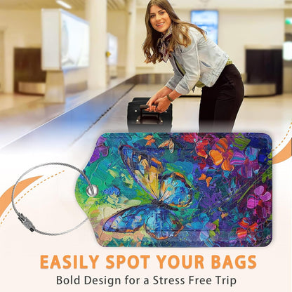 Abstract Colorful Butterfly 3 PCS PU Leather Luggage Tags for Suitcase, Luggage Tag with Privacy Flap, Name ID Label and Metal Loop for Women Men Baggage Handbag School Bag Backpack