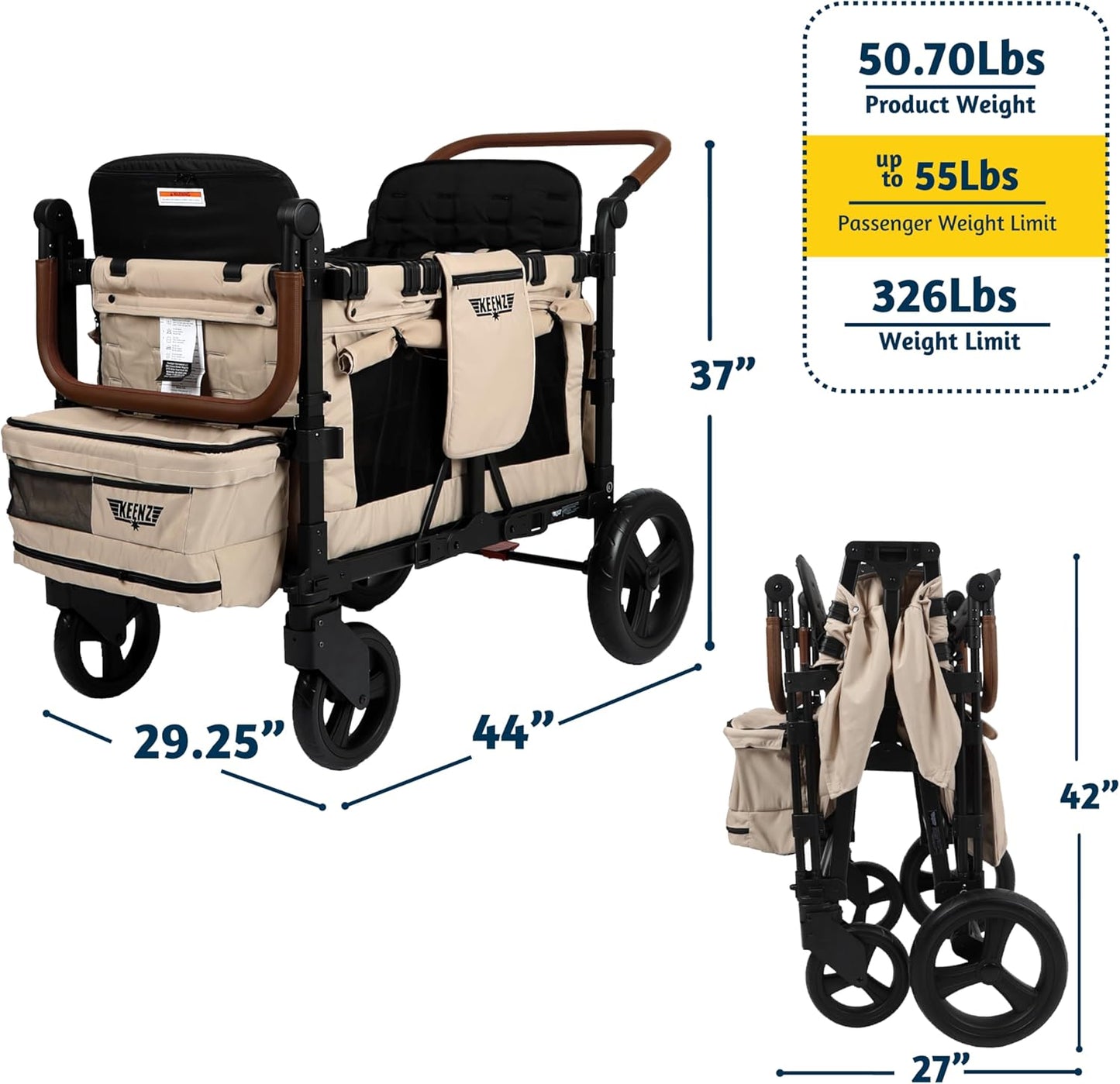Keenz VYOO Stroller Wagon with Canopy - Foldable Design for Easy Storage, 5 Seating Positions for Kids, Enhanced Child Safety, All-Terrain Mobility, 4-Passangers, Mocha