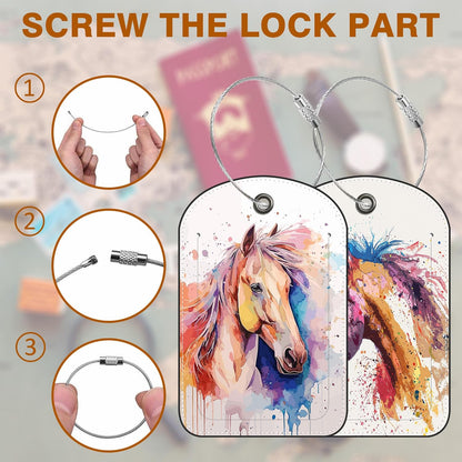 2 PCS Leather Luggage Tags for Suitcase Watercolor Horse Travel Luggage Tag with Privacy Flap Name ID Label and Metal Loop for Travel Bag Suitcase