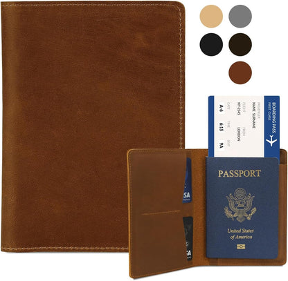 Real Leather Passport Holder for Men and Women, Handmade Wallet Cover Case, Travel Must-Haves Essentials Accessories, Birthday Gifts (Crazy Horse, Brown)