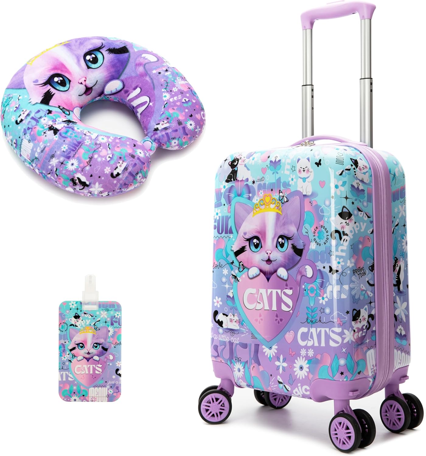 Cute Cat Kid's Luggage Set 2 Piece Suitcase Set 16" Hardside Luggage with Spinner Wheels Girls Carry on Toddler Travel Rolling Luggage Airline Approved