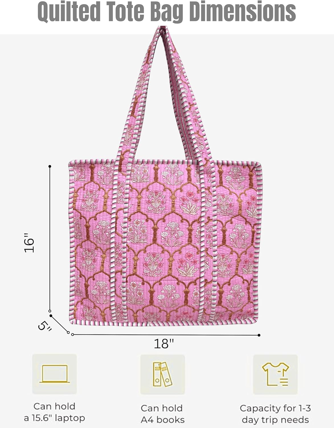 Cotton Quilted Tote Bag for Women – Large Beach & Travel Tote with Zipper, Reusable Grocery Bag