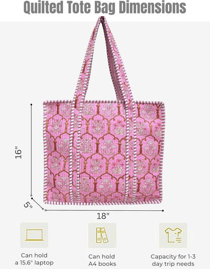 Cotton Quilted Tote Bag for Women – Large Beach & Travel Tote with Zipper, Reusable Grocery Bag