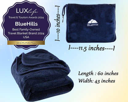 BlueHills Premium Soft 2-Pack Travel Blanket Pillows Airplane Large Plane Flight Throw Blankets for Two in Bag Compact Traveling Essentials Set Packable Warm Gifts Navy Blue T011