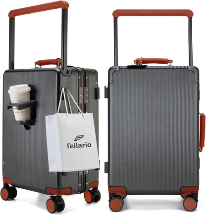 feilario 20'' Aluminum Frame Wide Handle PC Hardside Carry On Luggage - Double Spinner Wheels Luxury Rolling Travel Suitcase with TSA Lock & Cup Holder