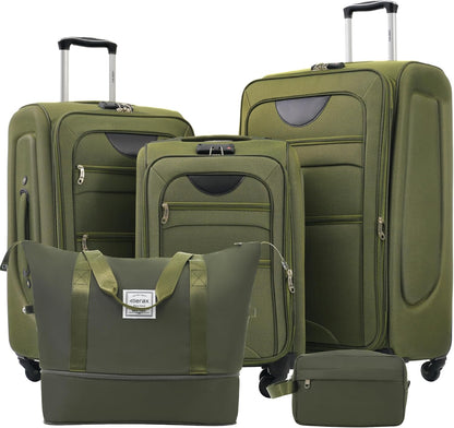 Merax Softside Luggage Set Softshell Lightweight 3 Piece Spinner Suitcase with Duffel Bag Expandable Upright Travel Luggage 22" 26" 30",Army Green