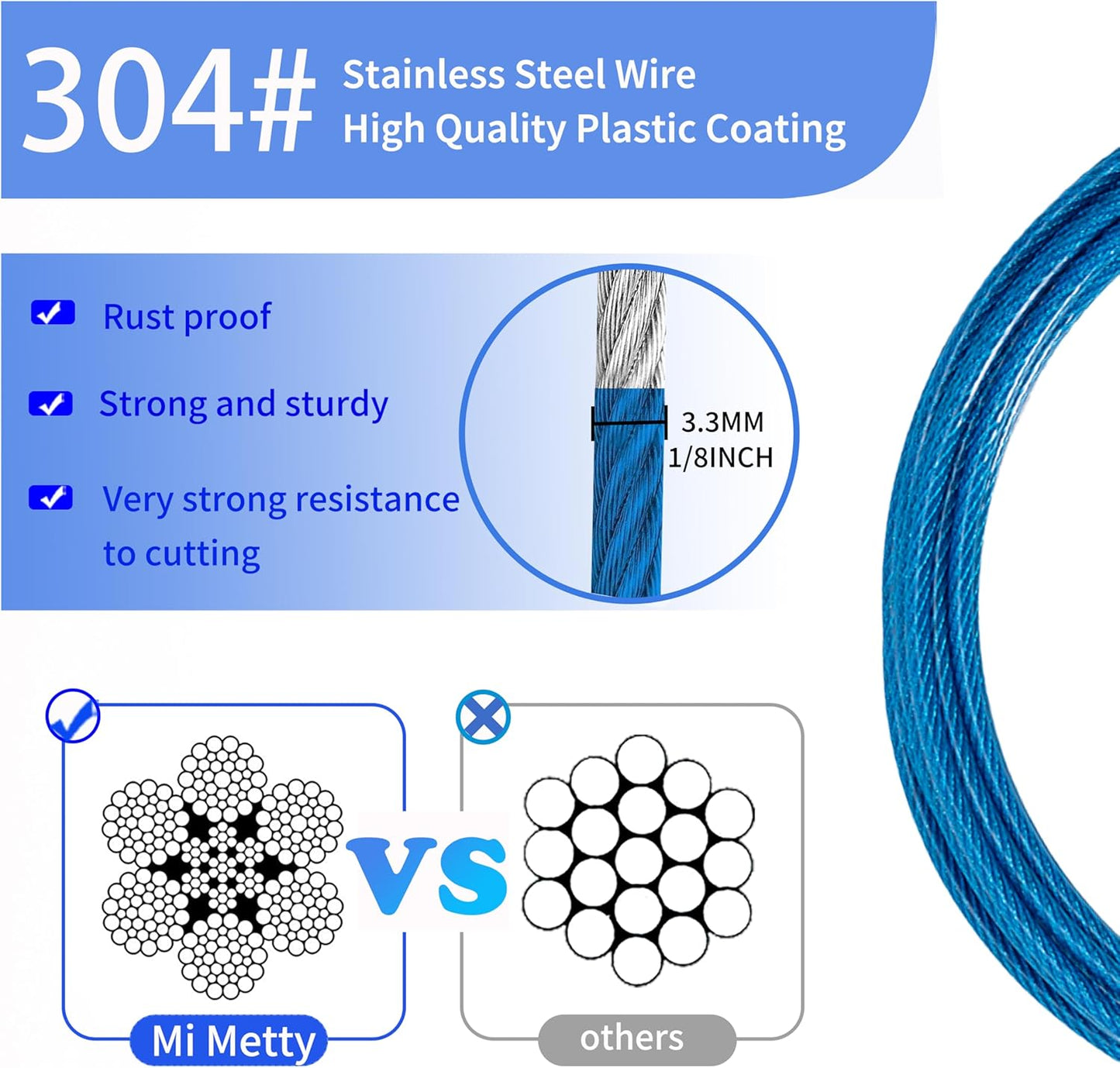 3.3mm (1/8 Inch) Outdoor Travel Stainless Steel Security Cable-30ft Luggage Lock Safety Wire Flexible Steel Wire Rope with Double Loop Safety for Luggage, Bike, Lock(Blue, 30ft-(1Pack)