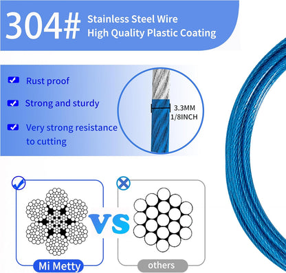 3.3mm (1/8 Inch) Outdoor Travel Stainless Steel Security Cable-30ft Luggage Lock Safety Wire Flexible Steel Wire Rope with Double Loop Safety for Luggage, Bike, Lock(Blue, 30ft-(1Pack)