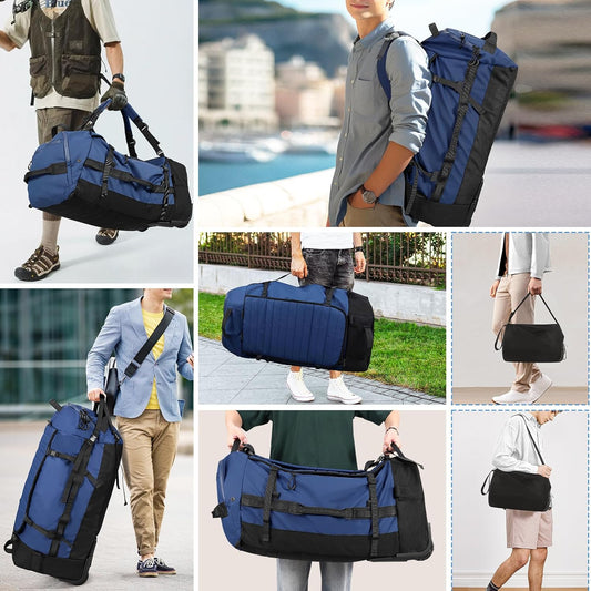 CONTAIL 86L Foldable Wheeled Duffel Backpack with Padded Quilted Bottom,Waterproof Travel Duffle Bag with Extended Handles,Navy
