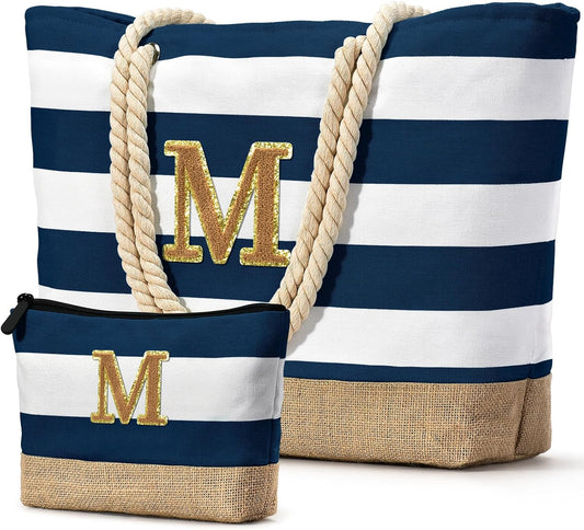 Becokan Beach Bag Initial Beach Tote with Makeup Bag for Travel Work Storage Personalized Birthday Gifts for Women Her