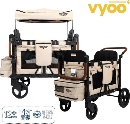 Keenz VYOO Stroller Wagon with Canopy - Foldable Design for Easy Storage, 5 Seating Positions for Kids, Enhanced Child Safety, All-Terrain Mobility, 4-Passangers, Mocha