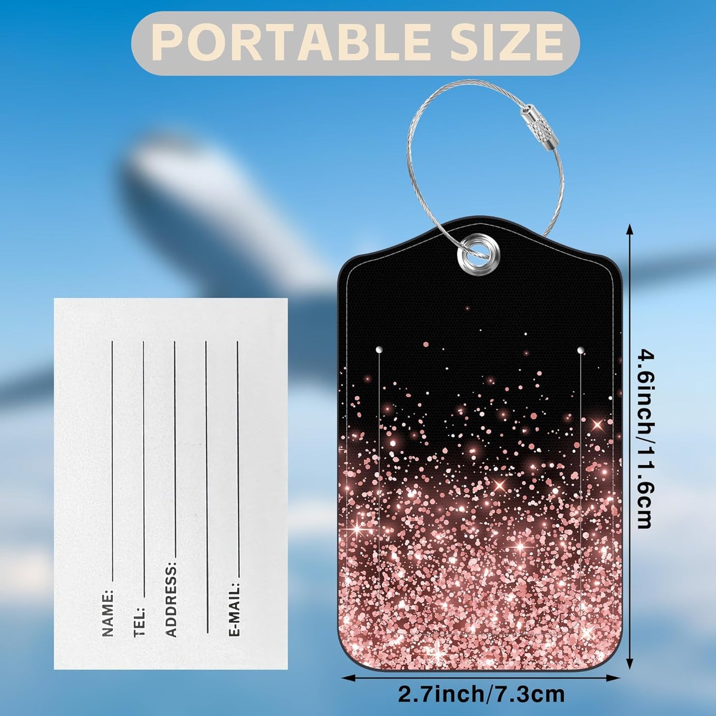 2 Pcs Rose and Gold Glitter Luggage Tags for Suitcases PU Leather Baggage Tags Name ID Label with Privacy Cover and Stainless Steel Loop for Men Women Travel Bag Suitcase