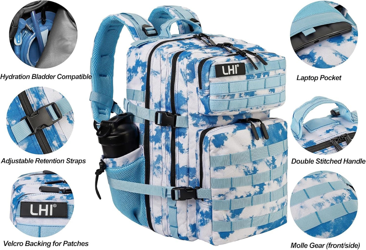LHI Military Tactical Backpack for Men and Women 45L Army 3 Days Assault Pack Bag Large Rucksack with Molle System - Light blue tie-dye