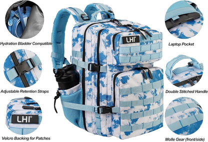 LHI Military Tactical Backpack for Men and Women 45L Army 3 Days Assault Pack Bag Large Rucksack with Molle System - Light blue tie-dye