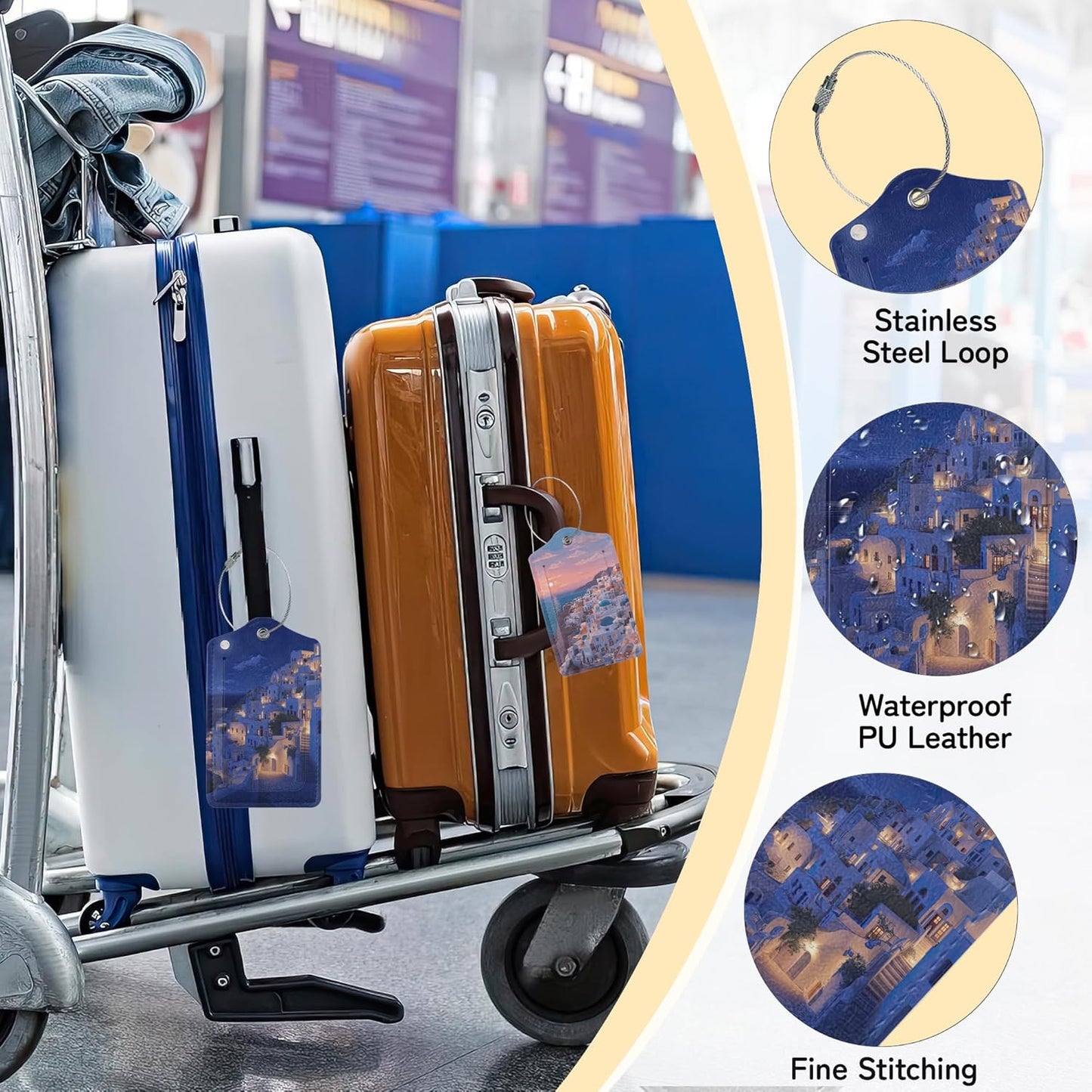 Santorini Sunset Landscape Luggage Tag for Suitcase,Design with Privacy Flap Name ID Label Metal Loop, 3 Pack