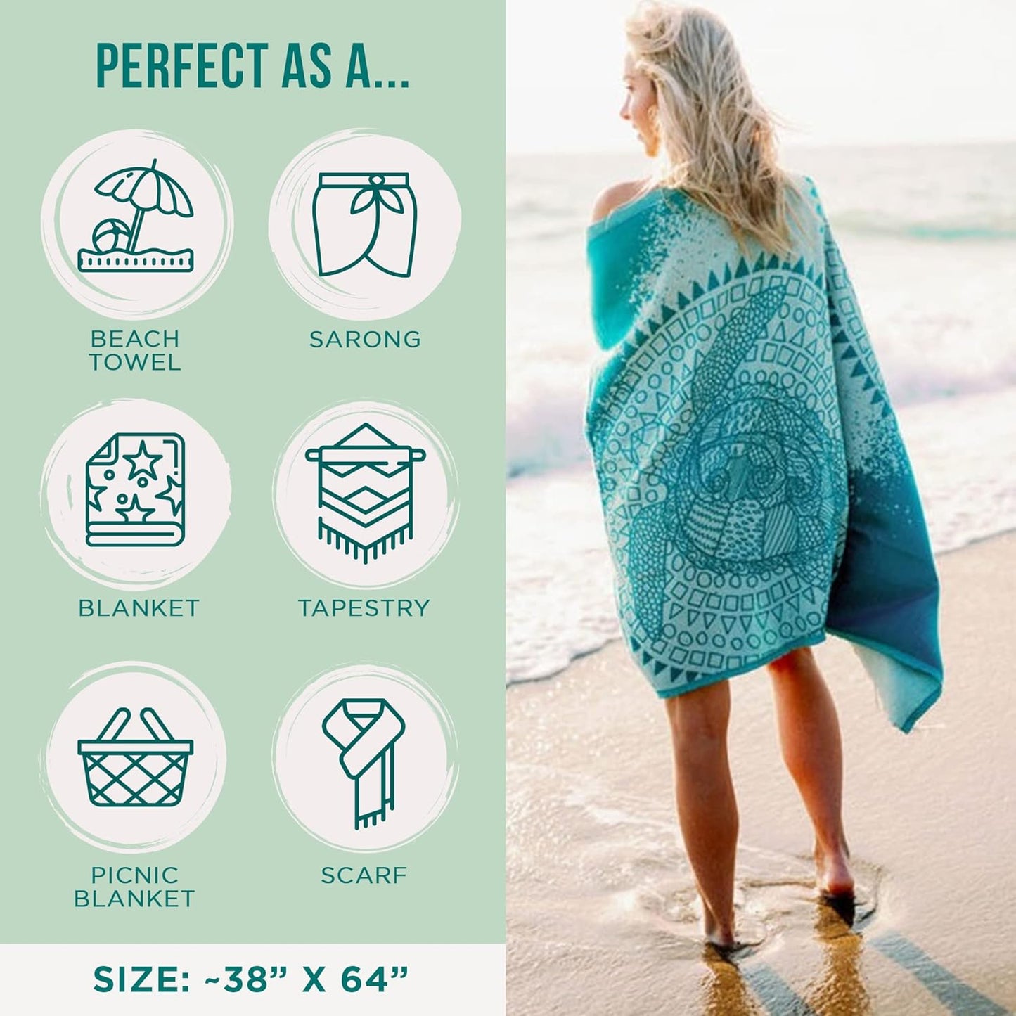 Sand Cloud Turkish Beach Towel - Sand Proof - 100% Certified Organic Turkish Towel - Quick Dry Towel for Beach, Blanket or Bath Towel - As Seen on Shark Tank - Mandala Sea Turtle Green…