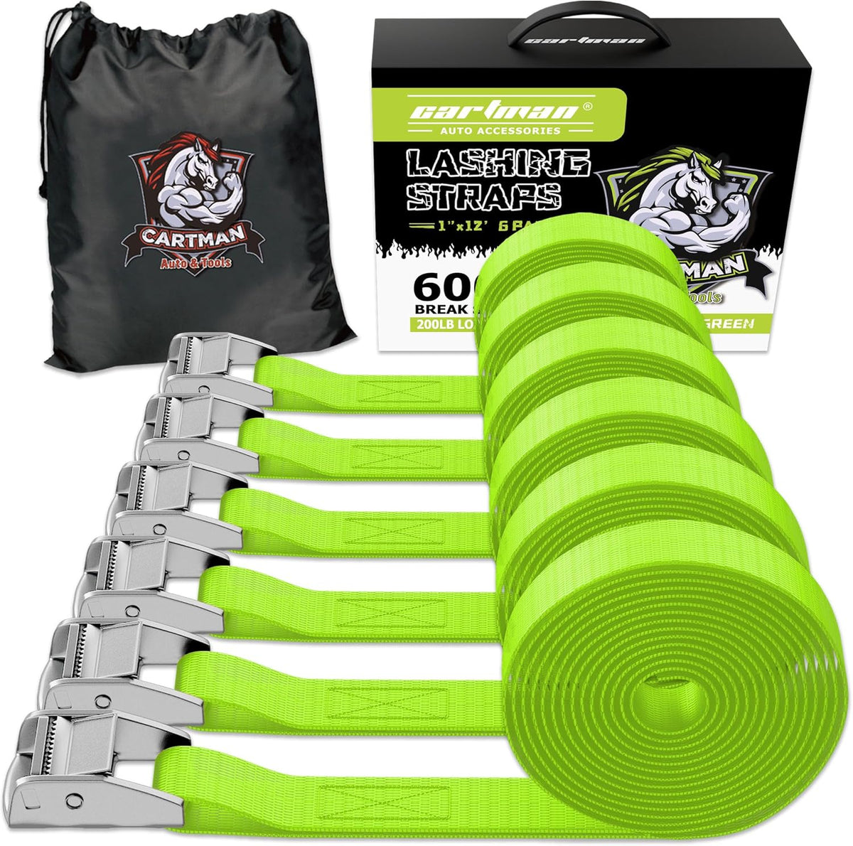 Cartman 1" x 12'Lashing Straps Cargo Tie-Down Strap Up to 600lbs, 6pk in Carry Bag, Green