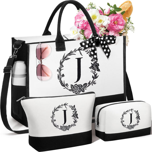 Personalized Mothers Day Gifts for Women, Initial Canvas Tote Bag & Makeup Bag Monogrammed Beach Tote Bag for Women w/Zipper, Birthday Gifts for Women Mom Her Girlfriend Wife Sister Friend Daughter
