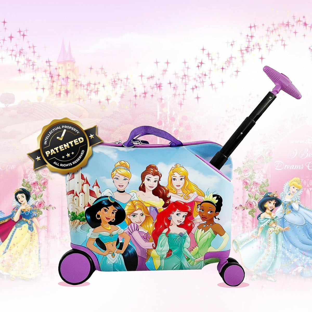 Disney Princess Ride on Suitcase for Kids, 18'' Toddler Carry-On Luggage With Wheels, Cute Lightweight Kids Travel Suitcase Trolley