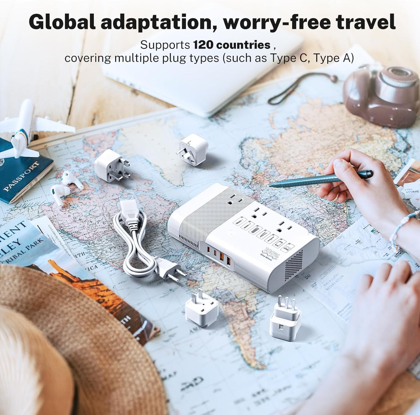 DOACE 500W Universal Travel Adapter 220V to 110V Voltage Converter, Pure Sine Wave European Travel Plug Adapter Converter, Transformer for US to Most Europe，UK/AU/EU/IT with 3 US Outlets & 4 USB