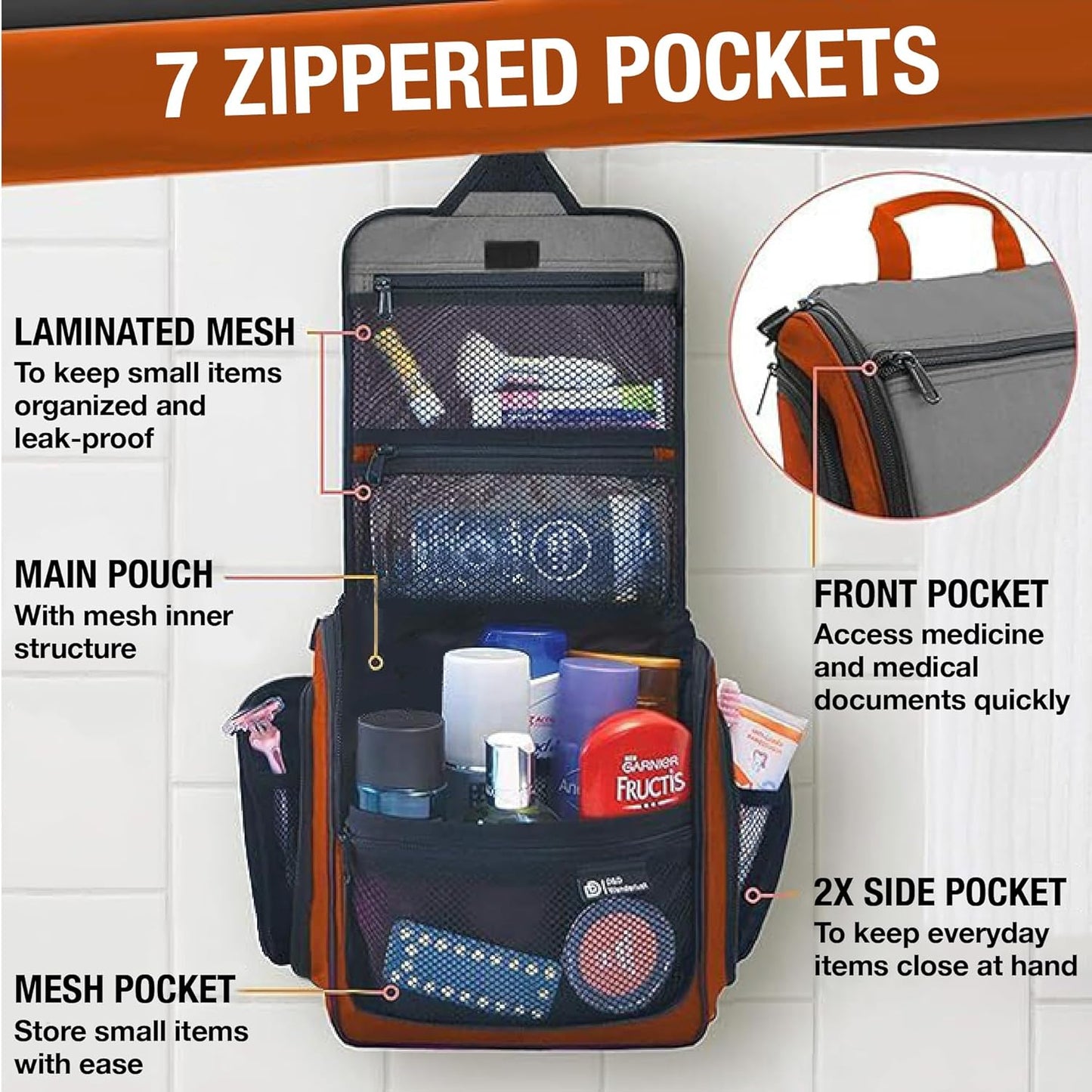 DD D&D Wanderlust D&D Hanging Travel Toiletry Bag for Men and Women – Cosmetics, Makeup and Toiletries Organizer Kit with 10 Compartments, YKK Zippers, XXL Metal Swivel Hook, Water-Resistant Nylon