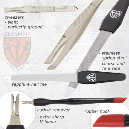 3 Swords Germany – brand quality 8 piece manicure pedicure grooming kit set for professional nail care with synthetic leather case ostrich black - Made in Germany