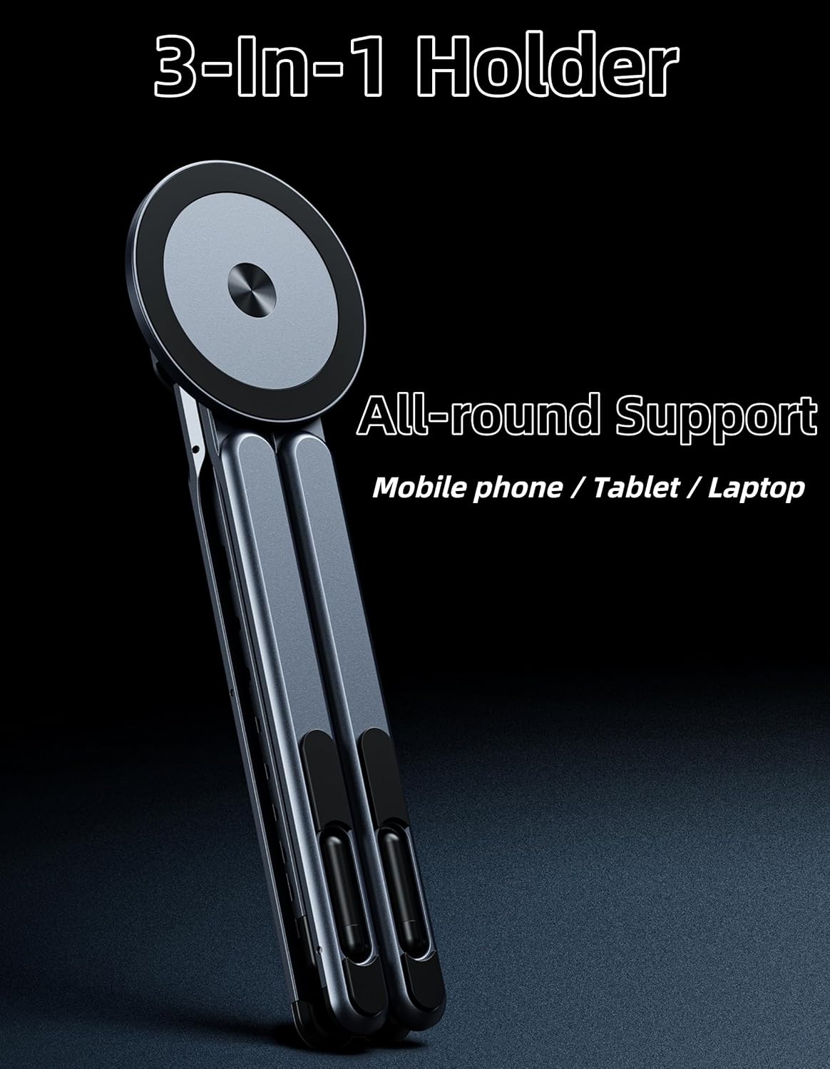 3-in-1 Folding Aluminum Alloy Laptop Stand, Height Adjustable Ergonomic Computer Riser Holder for Phone/Tablets/Computers, Portable Notebook Mount for Desk