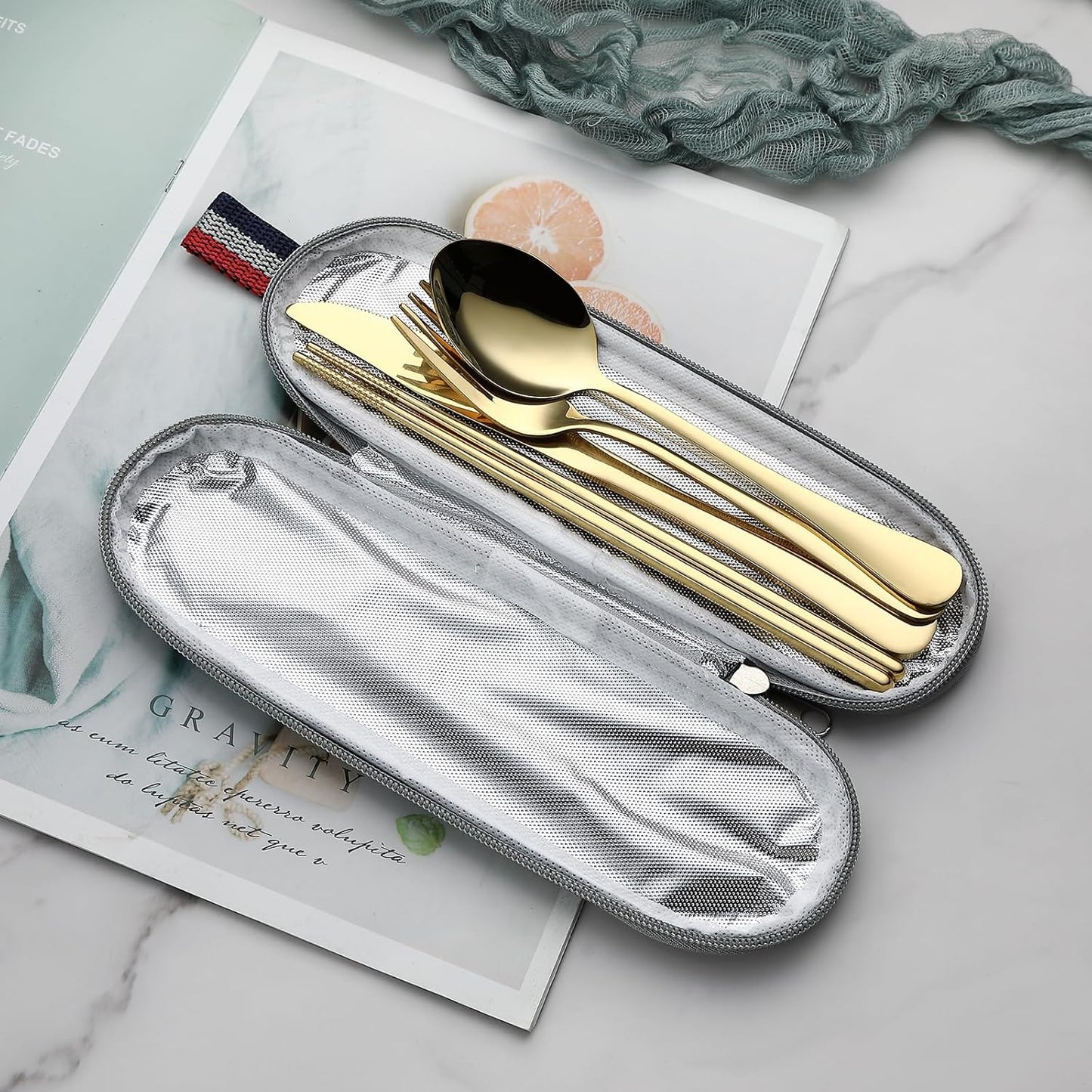 DEVICO Camping Utensils, Portable Travel Utensils with Case, Stainless Steel Reusable Silverware for Lunch Adult, 5Pcs Cutlery Set Includes Knife Spoon Fork Chopsticks and Case (Gold)