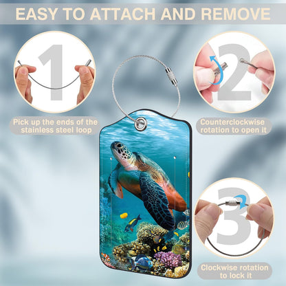 2 Pcs Sea Turtle Luggage Tags for Suitcases PU Leather Baggage Tags Name ID Label with Privacy Cover and Stainless Steel Loop for Men Women Travel Bag Suitcase