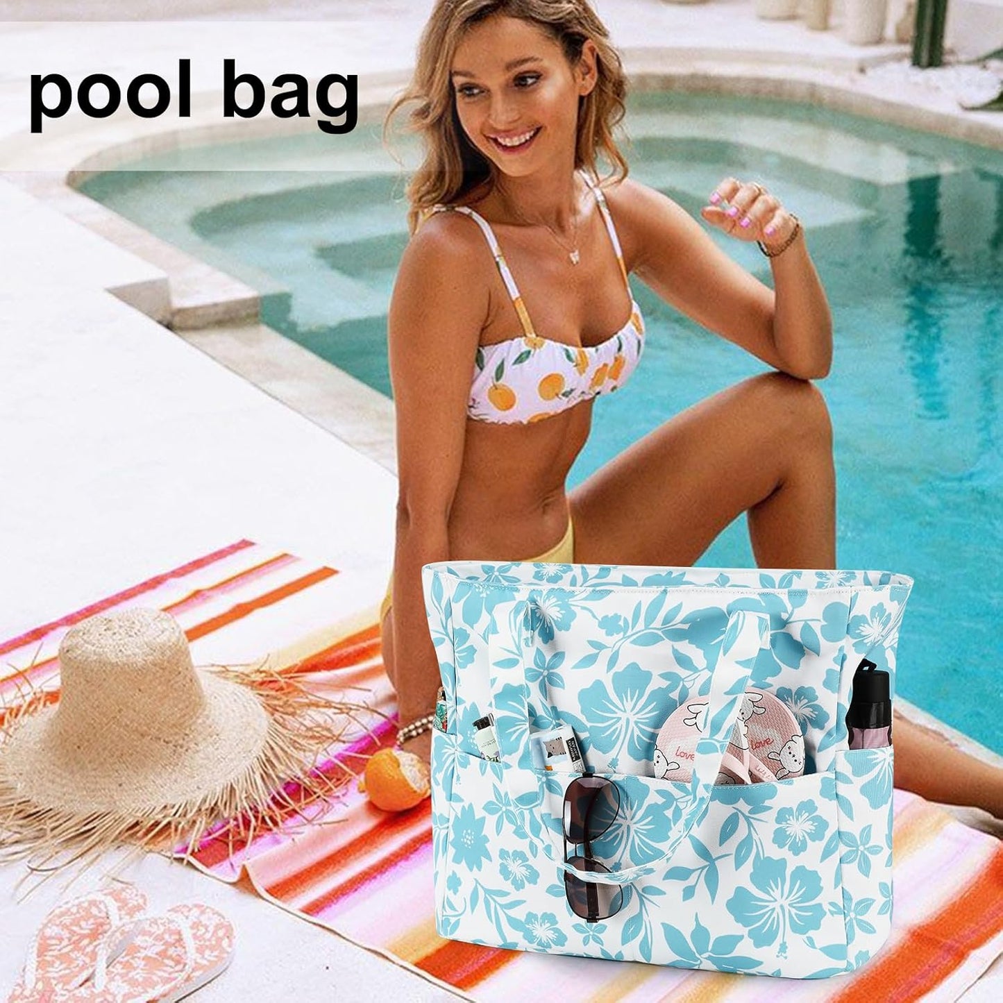 LEDAOU Large Beach Tote Bag Women Waterproof Sandproof Zipper Beach Tote Bag for Pool Gym Grocery Travel with Wet Pocket