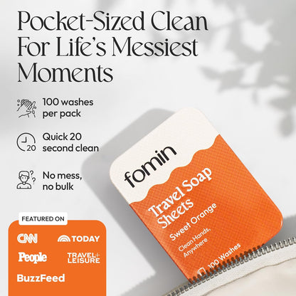 FOMIN - Antibacterial Paper Soap Sheets Tin for Traveling - (100 Sheets) Orange Portable Travel Hand Soap Sheets, Dissolvable Mini Camping Hand Soap for Hand Washing