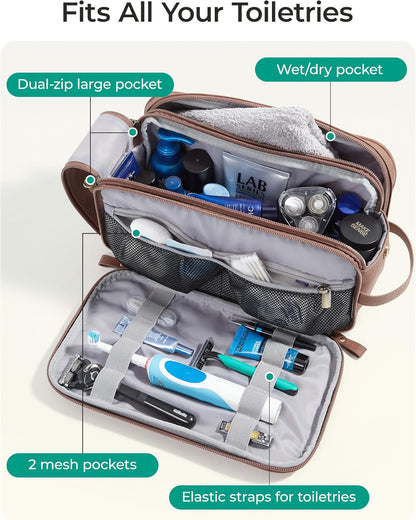 BAGSMART Toiletry Bag for Men, PU Leather Travel Bag for Toiletries, Dopp Kit Water Resistant Shaving Bag for Bathroom Shower-Light Brown