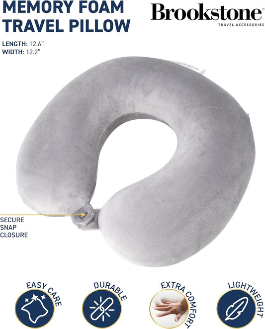 Brookstone Travel Neck Pillow - Lightweight Fleece Casing U-Shaped Stuffable Memory Foam Travel Pillow for Sleeping and Neck Support, Size One Size, Grey