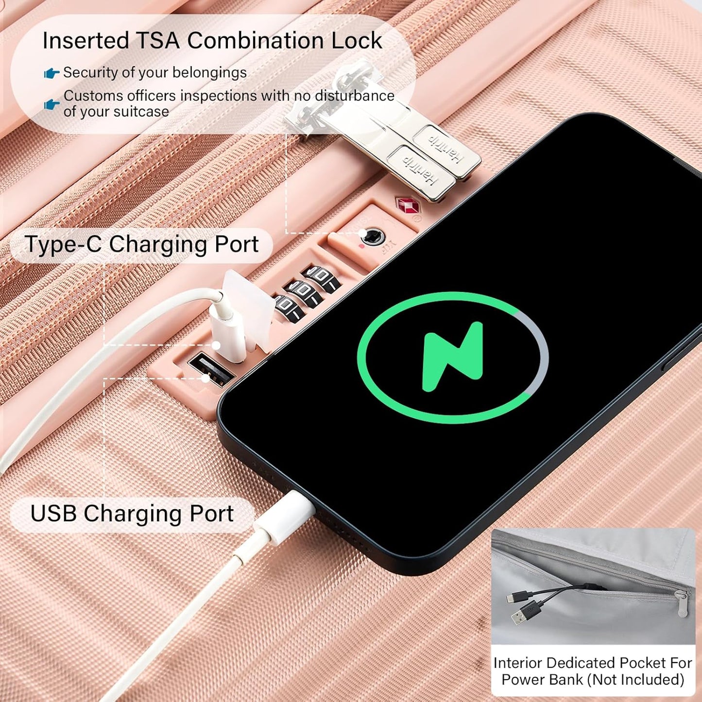 Hard Shell Suitcases Expandable Travel Luggage Sets 2 Piece, Carry on and Check in Luggage Lightweight Suitcase Set 2 Piece with Wheels Cup Holder Charger Built in (Pink, 20/28)