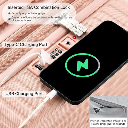 Hard Shell Suitcases Expandable Travel Luggage Sets 2 Piece, Carry on and Check in Luggage Lightweight Suitcase Set 2 Piece with Wheels Cup Holder Charger Built in (Pink, 20/28)