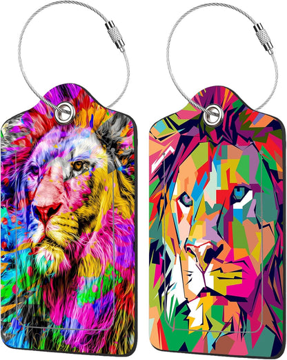 2 Pack Colorful Lion Luggage Tag for Suitcases Abstract Creative Lion PU Leather Bag Travel Suitcase ID Identifier Baggage Tags for Women Men Travel