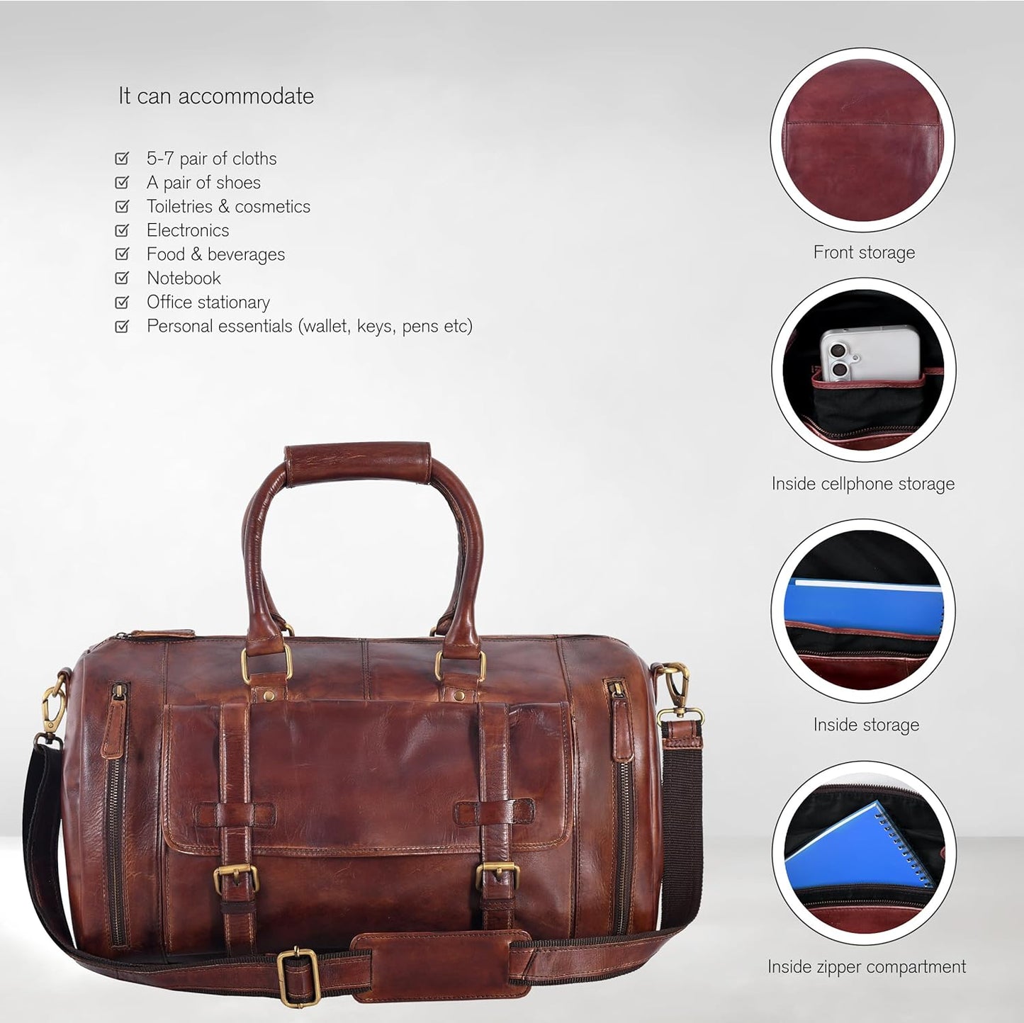Genuine Leather Duffle Bag for Men | Vintage Weekender Travel Bag | Overnight Carry-On Luggage | Handmade Leather Gym Bag for Men