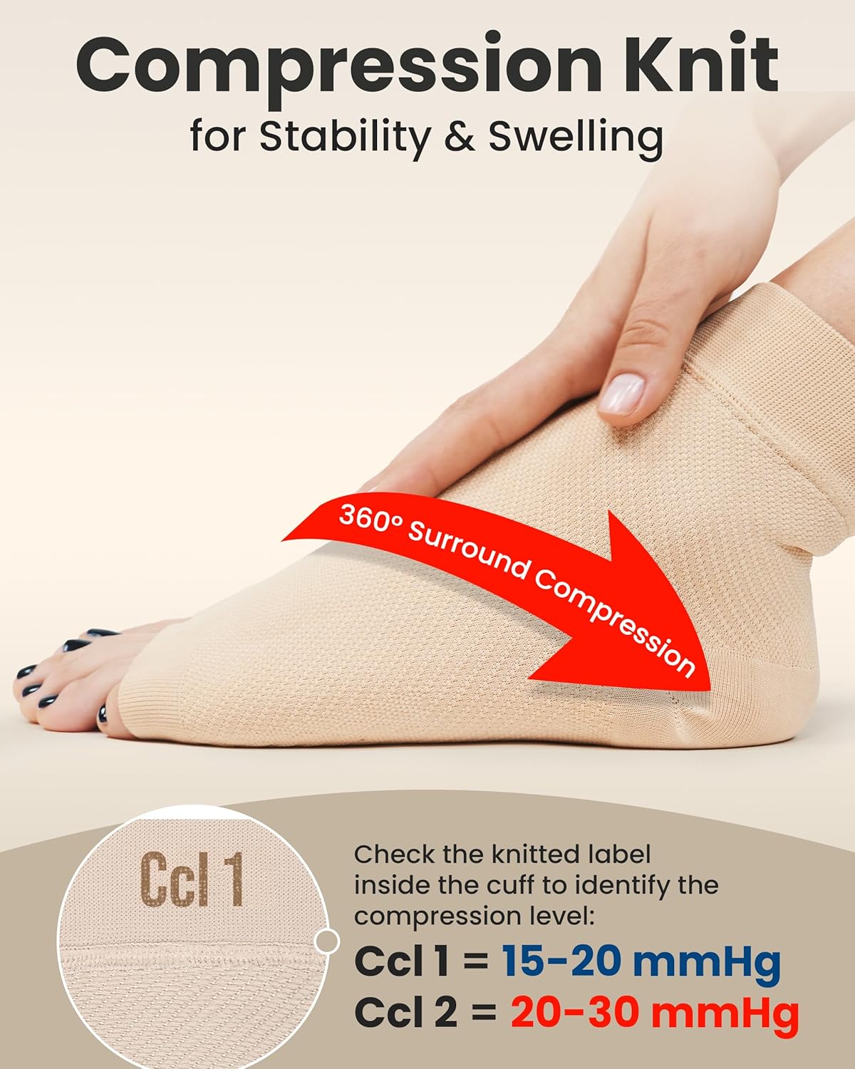 KEMFORD Ankle Compression Sleeve - 2-Pack, Plantar Fasciitis Braces - Open Toe Compression Socks for Swelling, Sprain, Neuropathy, Foot Arch Support for Men and Women - 20-30mmhg, M, Beige