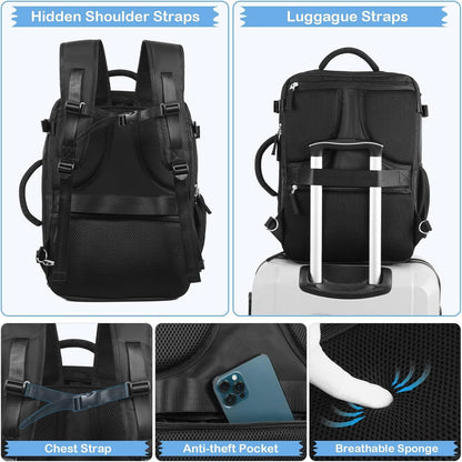 Hanples Travel Backpack for Women Men Large Carry On Person Item Flight Approved 17 In Laptop Backpack Waterproof anti theft Casual Luggage with 2 Toiletry Bag(Black)