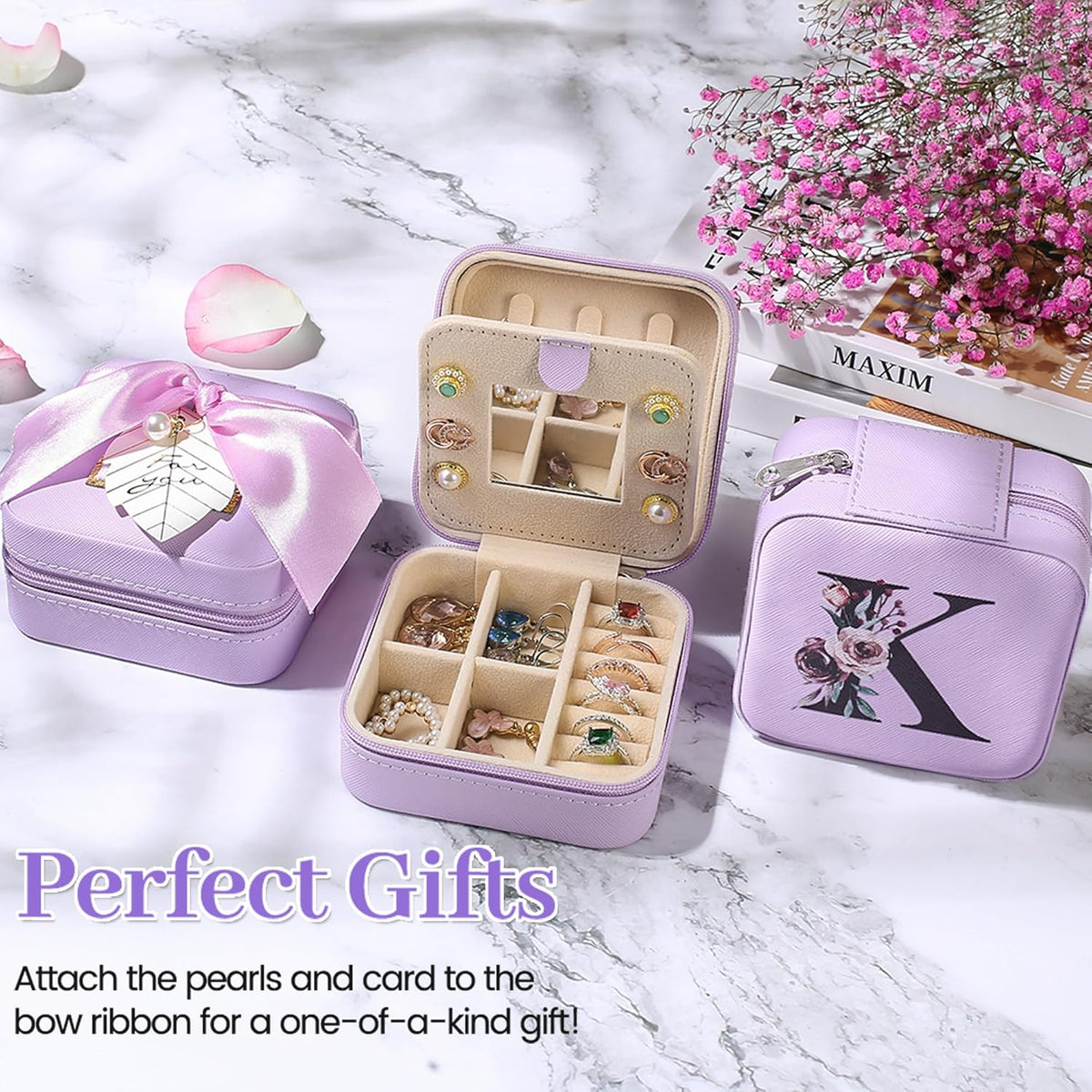 AYGXU Travel Jewelry Box for Women and Girls - Small Case With Initial A-Z - Teacher Gifts