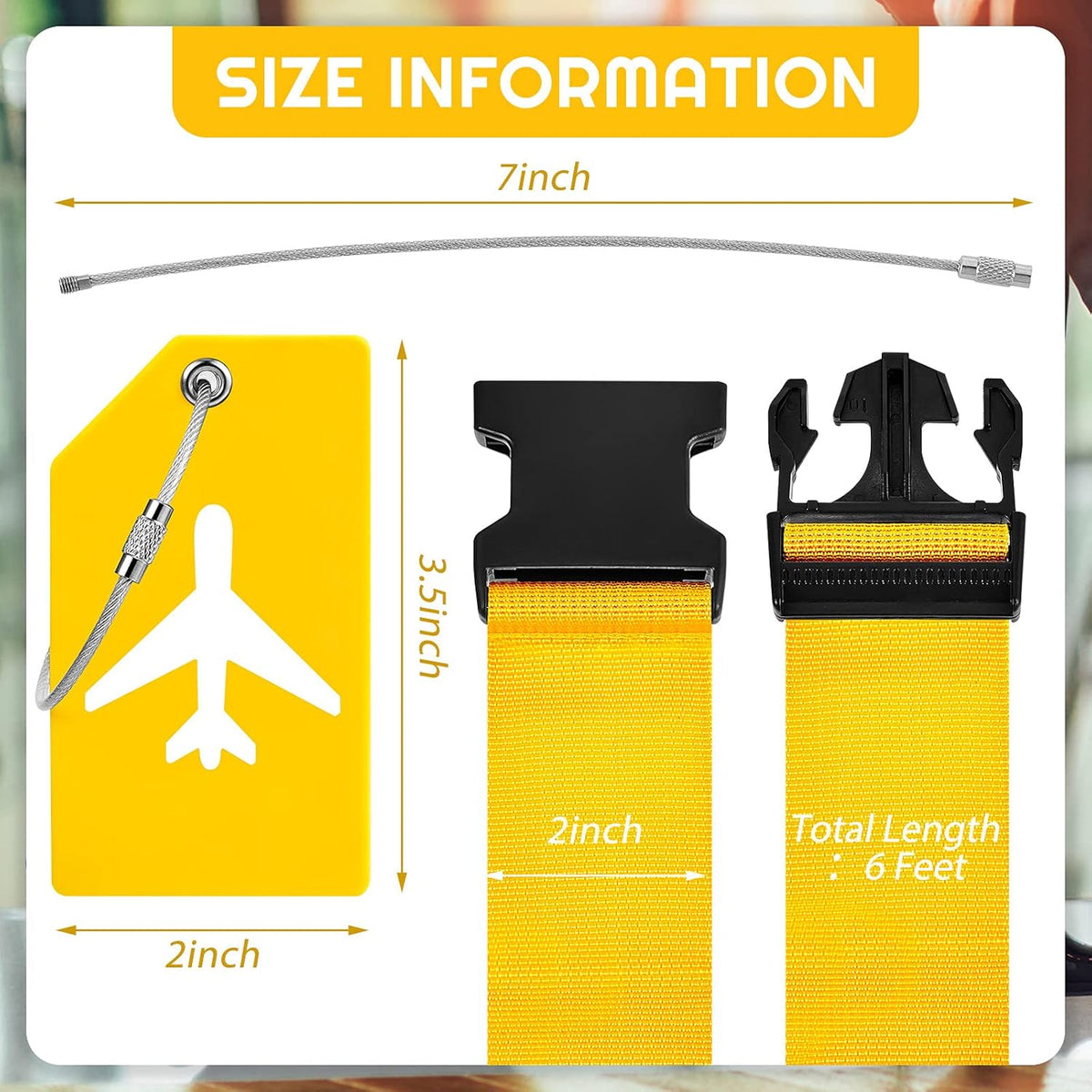 Weewooday 8 Pcs Luggage Straps Suitcase Tags Set for TSA Approved, 4 Travel Adjustable Suitcase Belt, 4 Silicone Luggage Tags with Name ID Card Travel Accessories(Yellow,Airplane)