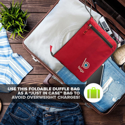 Bago Foldable Duffel Bags for Traveling Women & Men - 40L Sports Packable Duffle Bag for Travel with Shoe Compartment - Water Repellant, Heavy Duty, Lightweight Folding & Collapsible (Red)