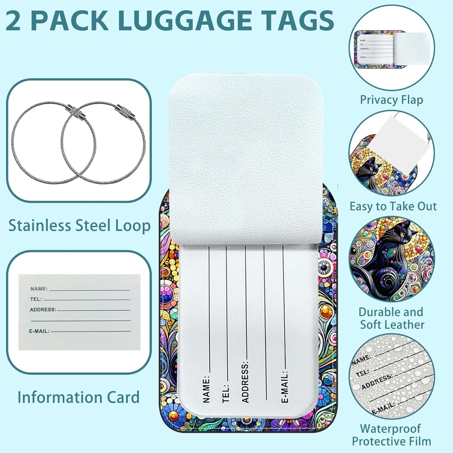 2 Pack Cute Luggage Tag for Suitcases Black Cat Leather Luggage Tags with Stainless Steel Loop Privacy Flap Name Tags,Men and Women Travel Bag Suitcase Tags