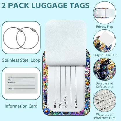 2 Pack Cute Luggage Tag for Suitcases Black Cat Leather Luggage Tags with Stainless Steel Loop Privacy Flap Name Tags,Men and Women Travel Bag Suitcase Tags