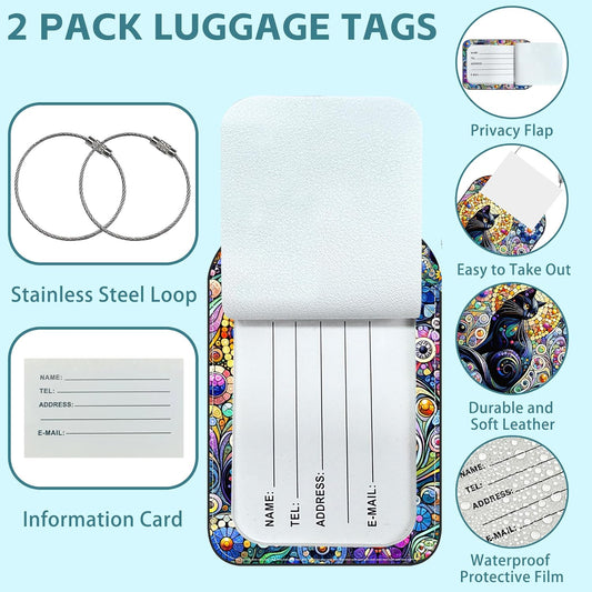 2 Pack Cute Luggage Tag for Suitcases Black Cat Leather Luggage Tags with Stainless Steel Loop Privacy Flap Name Tags,Men and Women Travel Bag Suitcase Tags