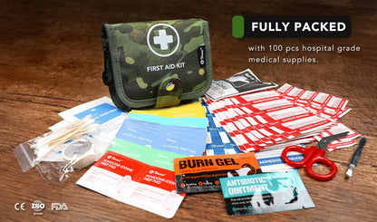 Small First Aid Kit, 100 Pieces Water-Resistant Well Organzied Pouch with Rotatable Buckle - Ideal for Outdoor, Travel, Biking, Camping, Hiking, Car (Green Camo)