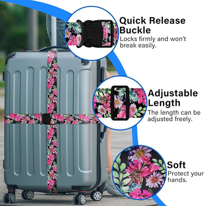 2 Pack Luggage Straps for Suitcases, Adjustable Travel Belt with Double Lock and Quick Release Buckle, Heavy Duty Nylon Bag Packing Strap, Bright Identifiers Business Travel Accessories-Pink Flowers