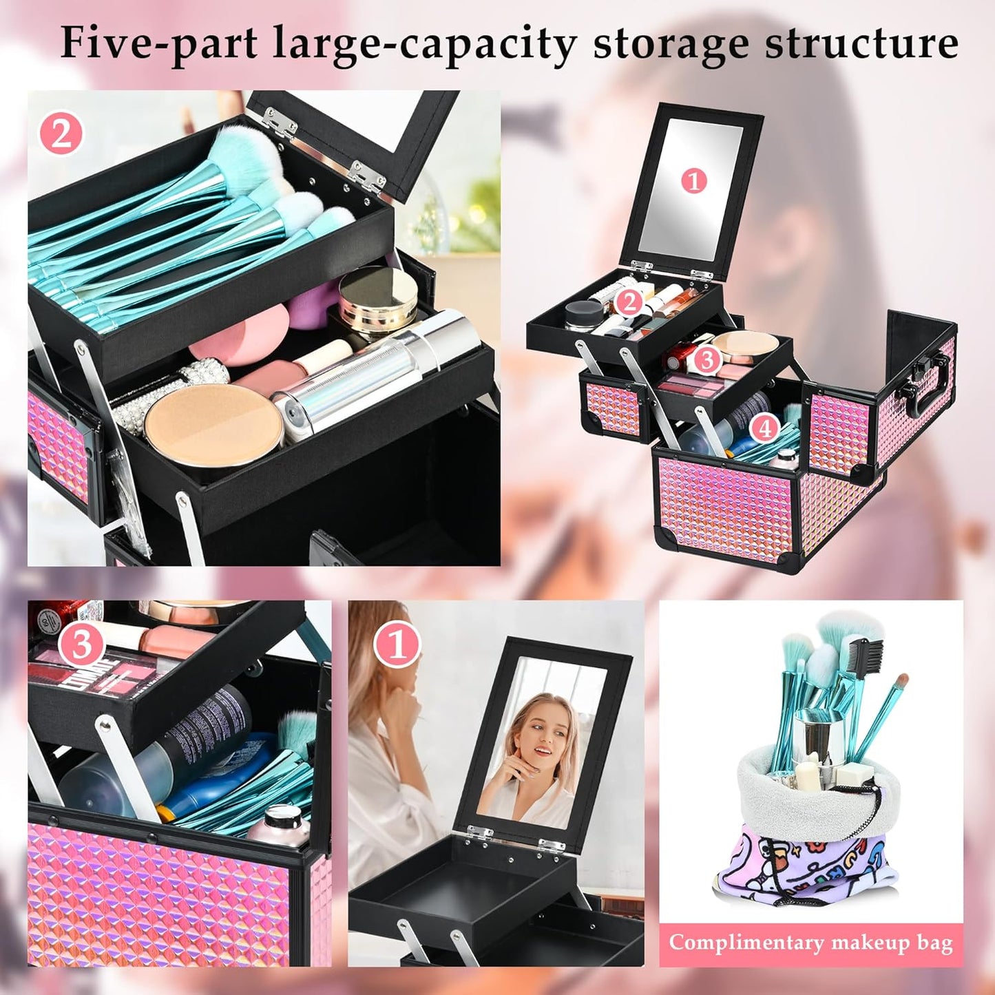 Makeup Case Organizer,Makeup Train Case, Trays Cosmetic Box Portable, Profesional for Salon Barber,Black Bright Pink