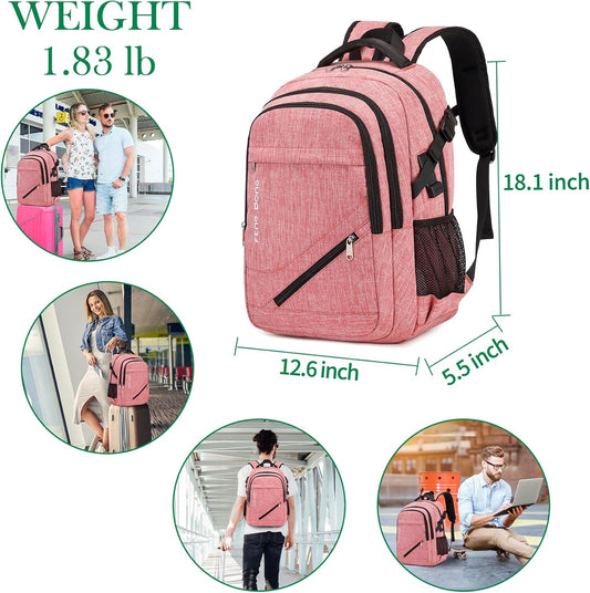 FENGDONG Large Laptop Backpack 17.3 inch Durable Waterproof Travel College Backpack Bookbag for Men & Women Business Backpack with USB Charging Port and Headset Port Light Pink