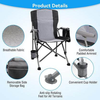Camping Chair for Adults Heavy Duty Outdoor Patio Lawn Chairs Portable Support 350 LBS High Back Padded Oxford with Armrests, Storage Bag, Cup Holder, for Outside Fishing, Camping, Foldable